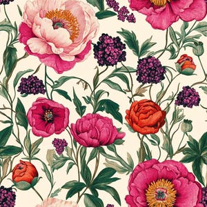 French Floral Peonies and Wildflowers Fabric Pattern - Soft, Lightweight, and Durable for Garments and Crafts
