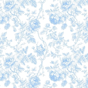 Digital repeat pattern of blue floral toile featuring roses and winding branches on white.