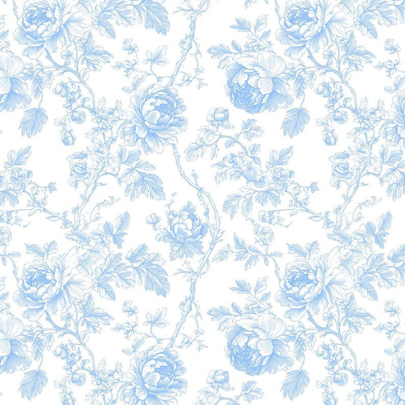 Digital repeat pattern of blue floral toile featuring roses and winding branches on white.