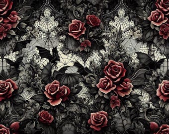 Gothic-Stoff, verspieltes Stoffdesign mit Fledermaus- und Rosenmuster. Stoff in großen Mengen erhältlich.