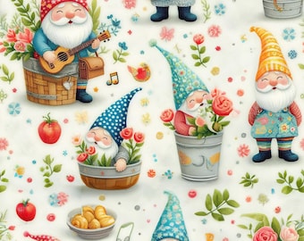 Whimsical Gnome Garden Fabric – Colorful Fantasy Print with Flowers, Butterflies , Musical Notes for Crafts deco