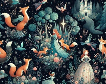 Fairytale Fabric – Magical Princess & Fox Print by the Yard, Enchanted Forest Scene