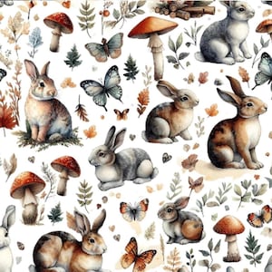 Medieval Woodland Bunny Fabric – Year of the Rabbit fabric by the Yard, Botanical Rabbit Print for  Crafts & Home Decor