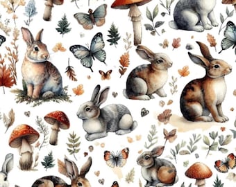 Medieval Woodland Bunny Fabric – Year of the Rabbit fabric by the Yard, Botanical Rabbit Print for  Crafts & Home Decor
