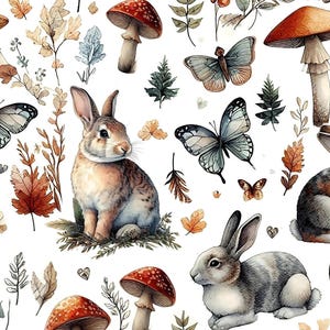 A white background with a repeating pattern of brown and gray rabbits, orange and brown mushrooms, butterflies, and autumn leaves.