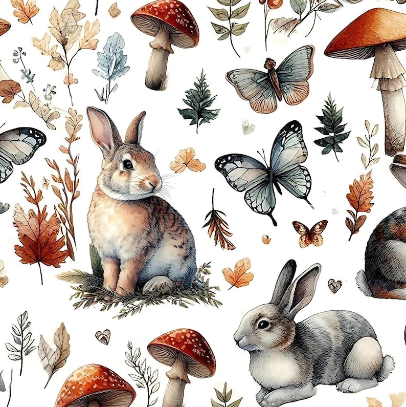 A white background with a repeating pattern of brown and gray rabbits, orange and brown mushrooms, butterflies, and autumn leaves.