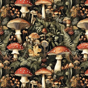 Seamless repeating pattern featuring red-capped fly agaric mushrooms and other forest fungi, ferns, and autumn leaves on a black background.