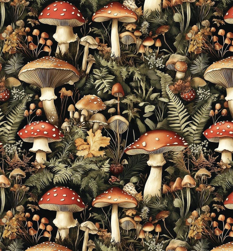 Seamless repeating pattern featuring red-capped fly agaric mushrooms and other forest fungi, ferns, and autumn leaves on a black background.