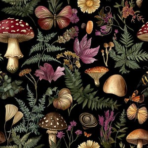 Tela botánica - Ilustración vintage de setas rústicas en estilo cottagecore, tonos tierra - Tela cortada a medida
