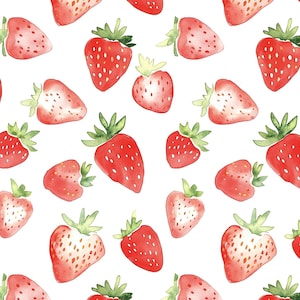 Może przedstawiać: Wzór bez szwów z akwarelowymi ilustracjami czerwonych truskawek z zielonymi liśćmi na białym tle.