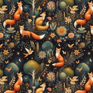Op de afbeelding: Een naadloos patroon met oranje vossen, vogels en bloemen op een donkerblauwe achtergrond. Het patroon is grillig en bevat een verscheidenheid aan bloemmotieven, waaronder rozen, lelies en madeliefjes.
