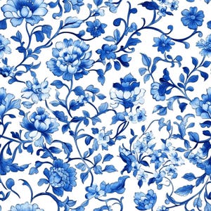 Porcelain Blue and White Floral Chinoiserie Fabric – Vintage Botanical Print, Home Decor & Crafts