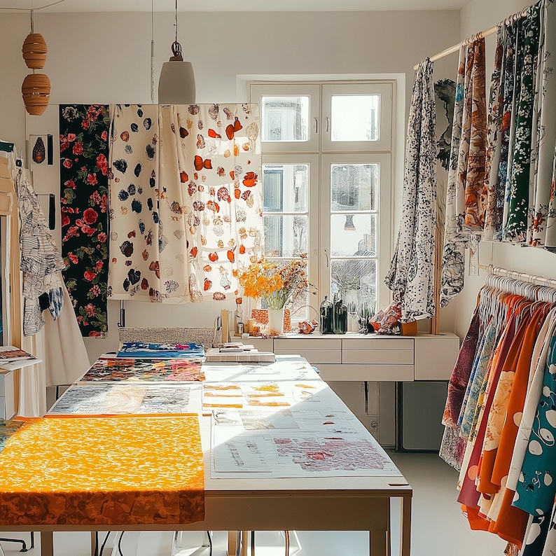 Brightly lit craft studio with various patterned fabrics hanging on racks, a large white work table in the center, and a window in the background.