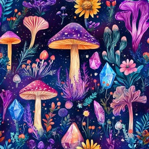 Whimsical Mushroom Crystal Fabric – Fantasy Botanical Print for deco and Crafts, clothing