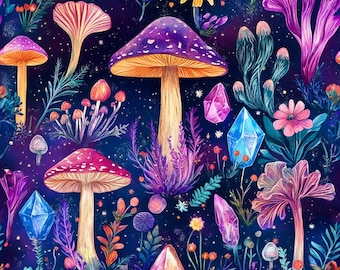 Whimsical Mushroom Crystal Fabric – Fantasy Botanical Print for deco and Crafts, clothing