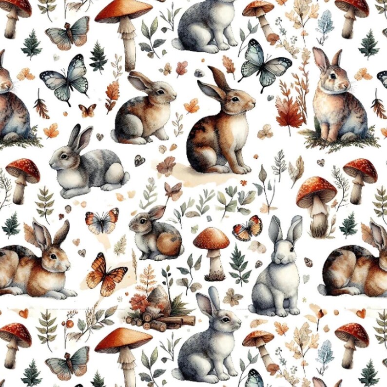 A seamless pattern of rabbits, mushrooms, butterflies, and autumn leaves on a white background.
