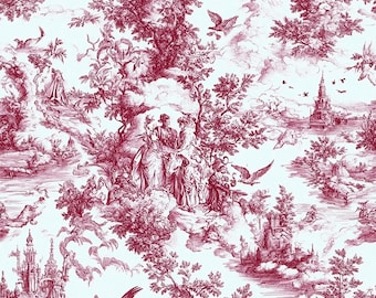 Toile Stoff Meterware French Country Garden. Material dünner roter Sommerstoff. Geschenkpapier im Vintage Stil. Nähgeschenk für Mama