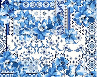 blue Majolica fabric, Sicilian tile fabric, Italian apparel sewing fabric sundress, suit, pattern fabric. textile