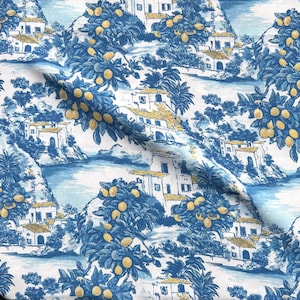 Mediterranean Lemon Grove Fabric – Scenic Coastal Village Pattern with White Houses & Palm Trees | Summer Landscape Textile for Home Decor