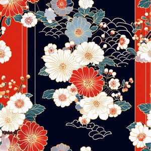 Japanese Floral Kimono Fabric – Red & Navy  by the Yard, Traditional Blossom Pattern for Sewing,  Crafts