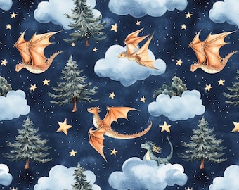 dragon fabric. Night Fantasy baby dragon Apparel Fabric - Colorful - Whimsical Fun Cute Happy Cheerful Griffin Clothing Fabric by the Yard