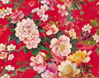 Japanese satin fabric. Red Peony & Cherry Blossom Fabric – Elegant Asian Floral fabric by the Yard,  Floral Print for clothing and craft.