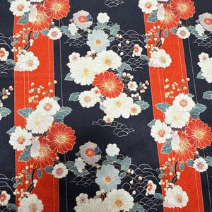 Japanese Floral Kimono Fabric – Red & Navy  by the Yard, Traditional Blossom Pattern for Sewing,  Crafts
