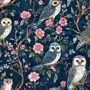 Mond-Garten. Nachteule. Whimsical Eulen-Blumenstoff - Satin Schüttgut, Navy Woodland Print für Mode, Kunsthandwerk & gemütliches Wohndekor