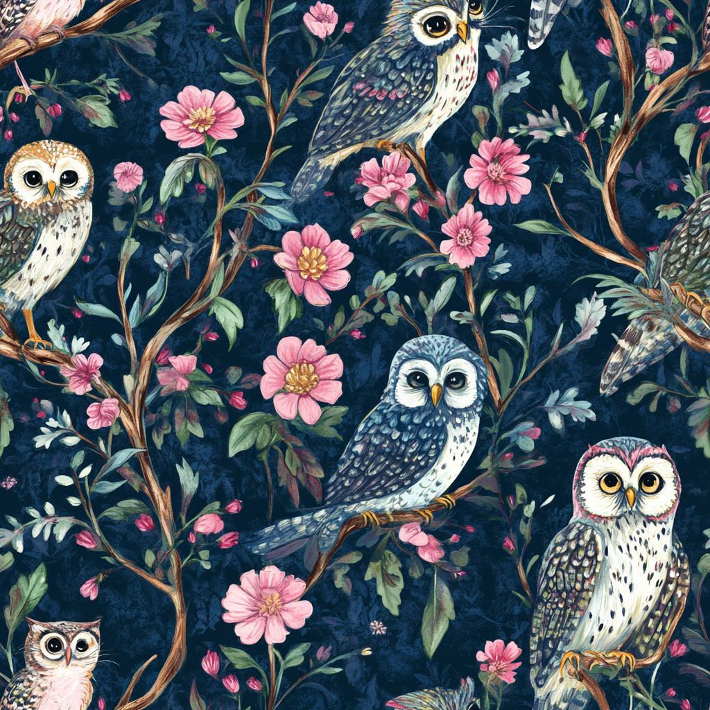 Moon garden. Night owl. Whimsical Owl Floral Fabric &ndash; satin by the Yard, Navy Woodland Print f