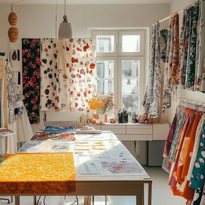 A bright studio with large windows, a long table covered in fabric swatches and papers, and racks of colorful fabrics hanging on the walls.