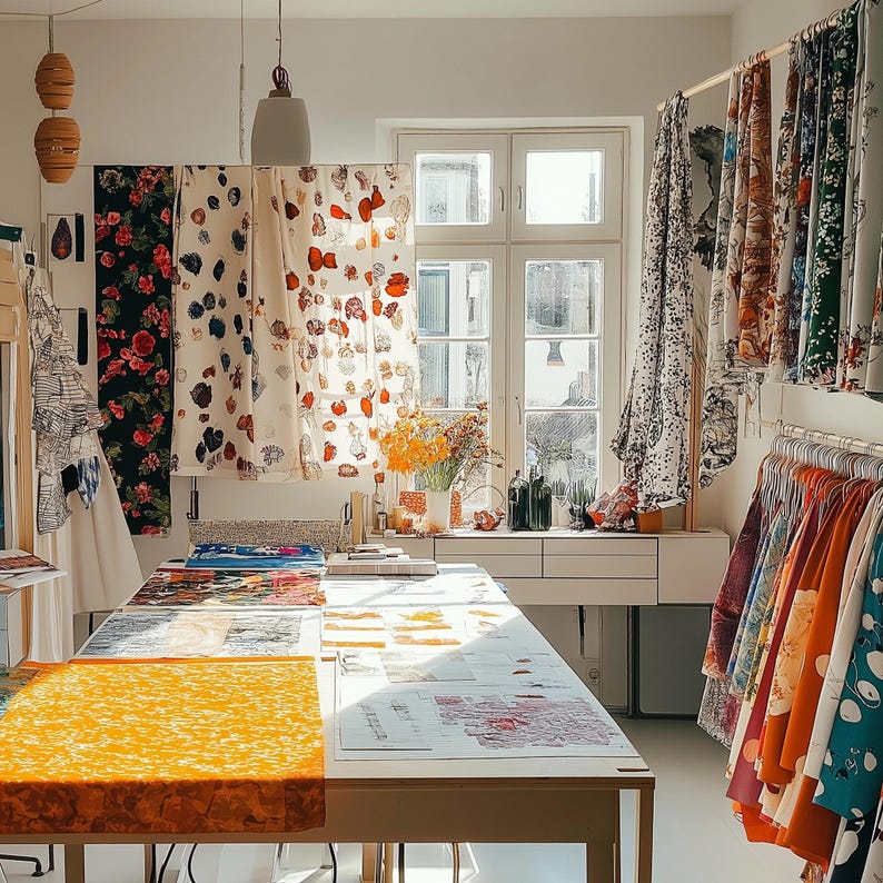 A bright studio with large windows, a long table covered in fabric swatches and papers, and racks of colorful fabrics hanging on the walls.