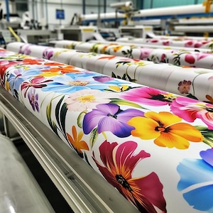 Several rolls of fabric with a vibrant floral pattern are on a production line in a factory setting.