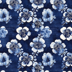 May include: A seamless pattern of white flowers on a deep blue background. The flowers have a faded, watercolor effect, giving them a vintage look.