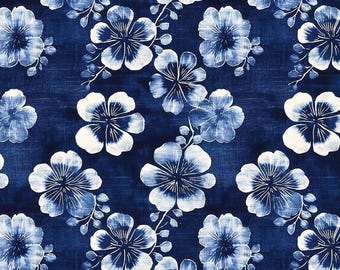 Nishigori fabric. indigo dyeing, shibori-dyed blue Tung flower pattern. fabric by yard.