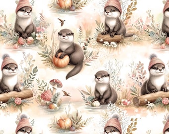 Otter Fabric by the Yard, Woodland Animal Print for Fall Projects