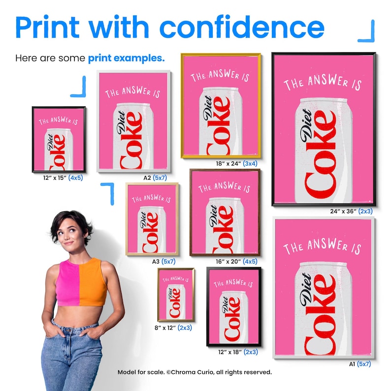May include: A pink background with the text "The Answer Is" and a white can of Diet Coke. The can is surrounded by a black frame. The image shows different sizes of the print, with measurements in inches.