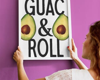 Lámina de aguacate, arte mural de cocina con guacamole y rollos, póster divertido de comida mexicana, regalo para amantes de la gastronomía, decoración moderna para apartamentos, descarga digital imprimible.