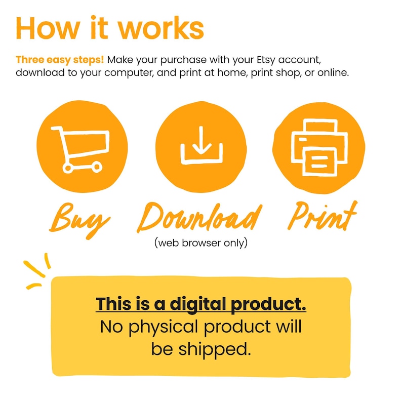 May include: Three yellow circles with icons representing the steps to purchase and download a digital product: buy, download, and print. The text below the circles reads "This is a digital product. No physical product will be shipped."
