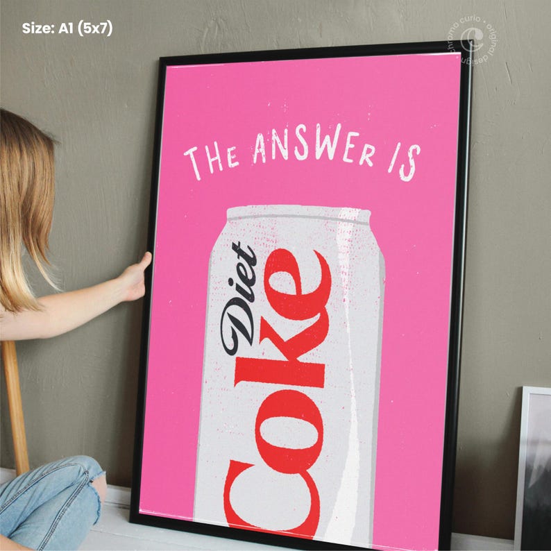 May include: A pink background with a white can of Diet Coke. The text "THE ANSWER IS" is written in white above the can.