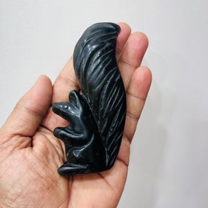 May include: A carved black squirrel figurine with a large, detailed tail. The squirrel is in a sitting position, with its paws clasped. The figurine is held in a hand against a plain white background.
