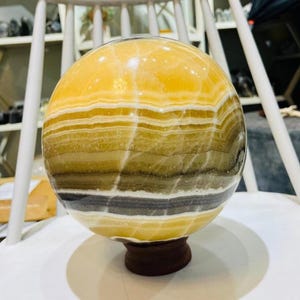 Huge Zebra Calcite Sphere: Striped Fossil Stone Orb, Grounding Crystal Decor