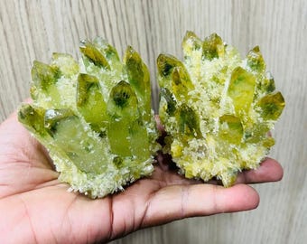 May include: Two clusters of yellow-green quartz crystals. The crystals have a pointed, crystalline structure and are covered in a fine, white, powdery substance. The crystals are held in a hand against a light brown wooden background.