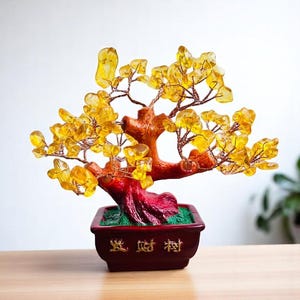 Natural Citrine Crystal Tree Feng Shui Money Tree Gemstone Gem Tree Bonsai Style Home Office Desk Decoration for Wealth and Luck