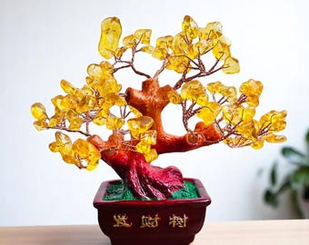 Natural Citrine Crystal Tree Feng Shui Money Tree Gemstone Gem Tree Bonsai Style Home Office Desk Decoration for Wealth and Luck