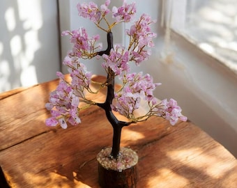Rose Quartz Crystal Christmas Tree Gemstone Bonsai Fortune Money Tree for Good Luck Home Office Kitchen Decor Gift spiritual healing