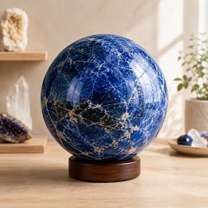 Könnte beinhalten: Eine polierte, kugelförmige Lapis-Lazuli-Steinkugel mit tiefblauen Farbtönen und komplexer weißer sowie goldfarbener Maserung. Die Kugel ist auf einem runden, dunkelbraunen Holzsockel montiert und zeigt eine glatte, reflektierende Oberfläche.
