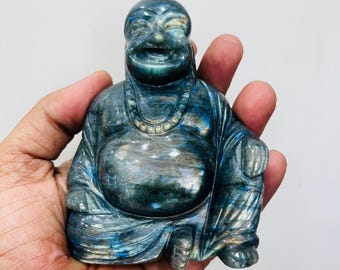 Large Flashy Labradorite Crystal Laughing Buddha Handmade Crystal Home Office Decorative Crystal Laughing Buddha
