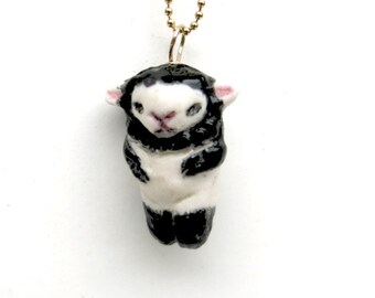 Lamb Black Sheep  Ceramic Cute White Porcelain Necklace Sterling Silver Vermeil Chain