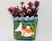 Goldfish Sconce Pot Fine Ceramic Pottery Porcelain Wall Hanging Garden Planter for Succulents or Air Plants
