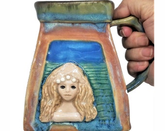 Ceramic Sculpture Mermaid Mug Large Original Art Handmade Unique 16 Oz Bright Colors